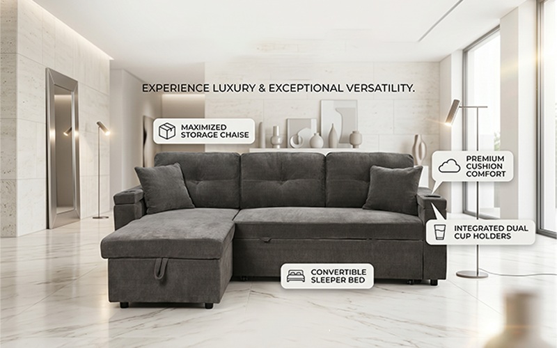 Monaco Convertible L-Shaped Sofa Bed with Pull-Out Sleeper & Chaise Storage (grey)